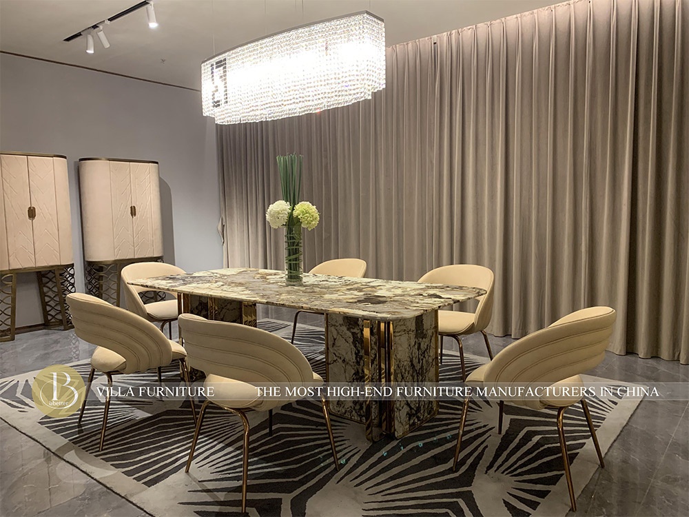 Rectangle Villa Luxury Stainless Steel And Nature Marble Dining Table